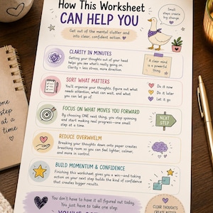 May include: A white worksheet titled How This Worksheet CAN HELP YOU with purple, pink, green, and yellow accents. It features a duck illustration, bulleted sections on clarity, sorting, focus, reducing overwhelm, and building confidence with text.