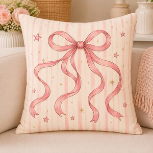 Funda de cojín decorativa cuadrada con lazo de cinta, funda de almohada decorativa con diseño de lazo rosa, almohada decorativa de cama rosa Coquette Pillow Messy