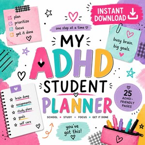 Planer ucznia ADHD, nauka w szkole, cyfrowe pobieranie, lista kontrolna ADHD, codzienny planer funkcji wykonawczych, śledzenie produktywności