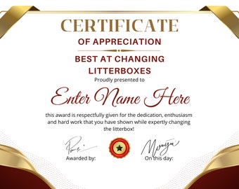 Certificate of Appreciation for Changing Litterboxes Funny Certificate Template Funny Family Chores Gross Party