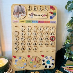 Calendrier perpétuel en bois pour enfants – jouet Montessori, outil d'école à la maison, apprentissage préscolaire, tableau éducatif, routine quotidienne, météo et phases de la lune