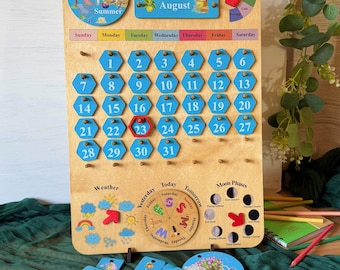 Montessori Wooden Perpetual Calendar – Interactive Learning Board | Moon Phases, Weather, & Daily Routine Chart | Homeschool Waldorf Gift
