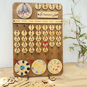 Calendário de madeira perpétuo com fases da lua e clima – Aprendizagem Montessori, ferramenta educacional, presente de volta às aulas para crianças