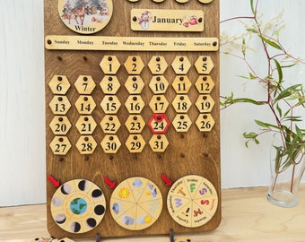 Perpetual Wooden Calendar with Moon Phases & Weather – Montessori Learning, Educational Tool, Back to School Gift for Kids