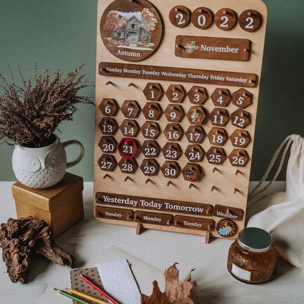 Ewiger Kalender aus Holz für Kinder,Montessori Klassenzimmer,Kinderzimmer,Lernspielzeug,Kinderspielzeug,Vorschulkalender