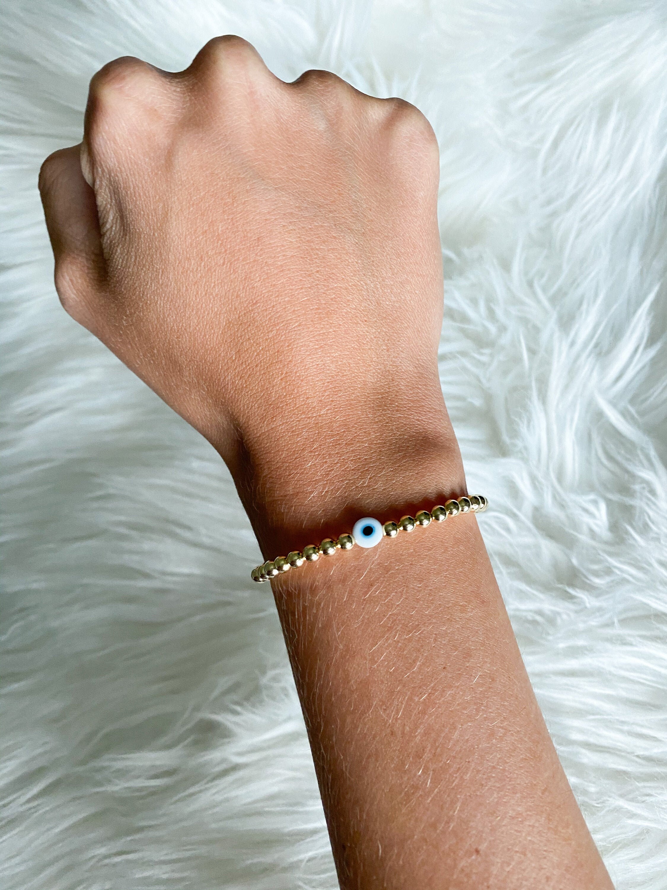 14K Gold Filled Evil Eye Bracelet Gold Stretch Bracelet Etsy