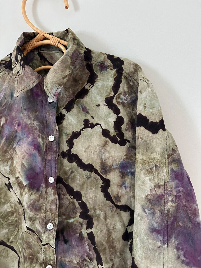 Linen Ice Dye Shirt, Women’s Tie Dye Button Down Top, Size S image 6