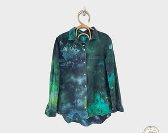 Hand Dyed Linen Blouse, Ice Tie Dye Boyfriend Shirt, Women’s Size S