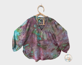 Women’s Size L Petite Tie Dye Blouse, Balloon Sleeve Ice Dye Tunic, Hand Dyed Embroidered Top, Pastel Blouse, Summer Tie Dye Loose Top