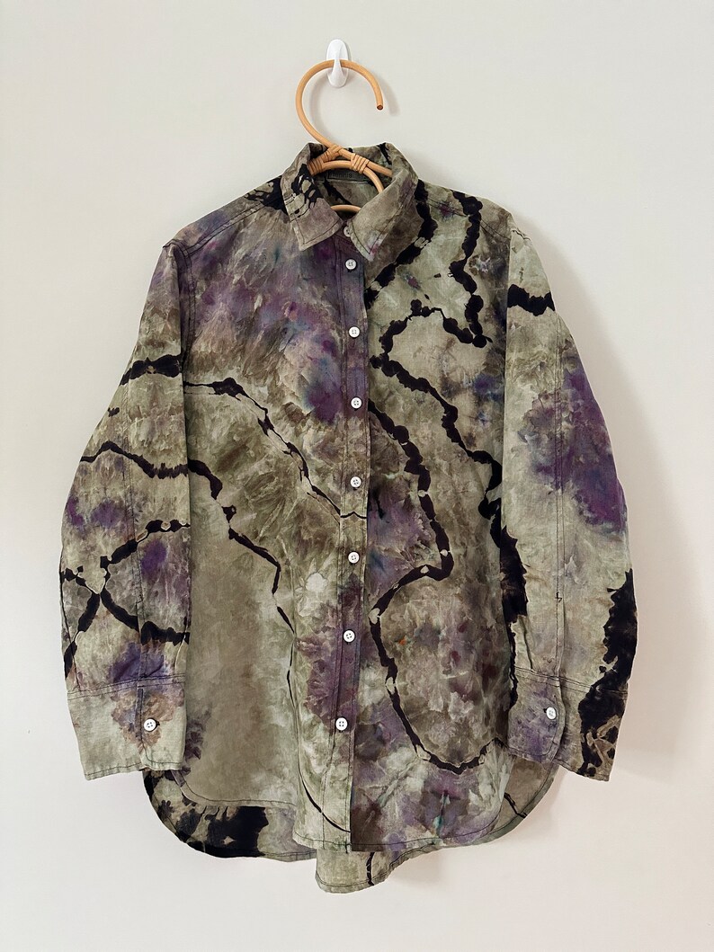 Linen Ice Dye Shirt, Women’s Tie Dye Button Down Top, Size S image 5