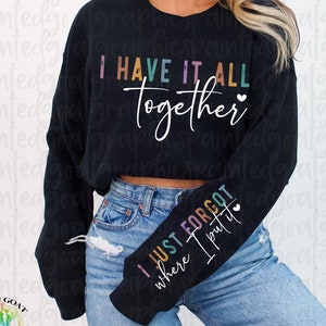 May include: A black sweatshirt with the text "I HAVE IT ALL together" in rainbow colors on the front and "I JUST FORGOT where I put it" in rainbow colors on the sleeve.