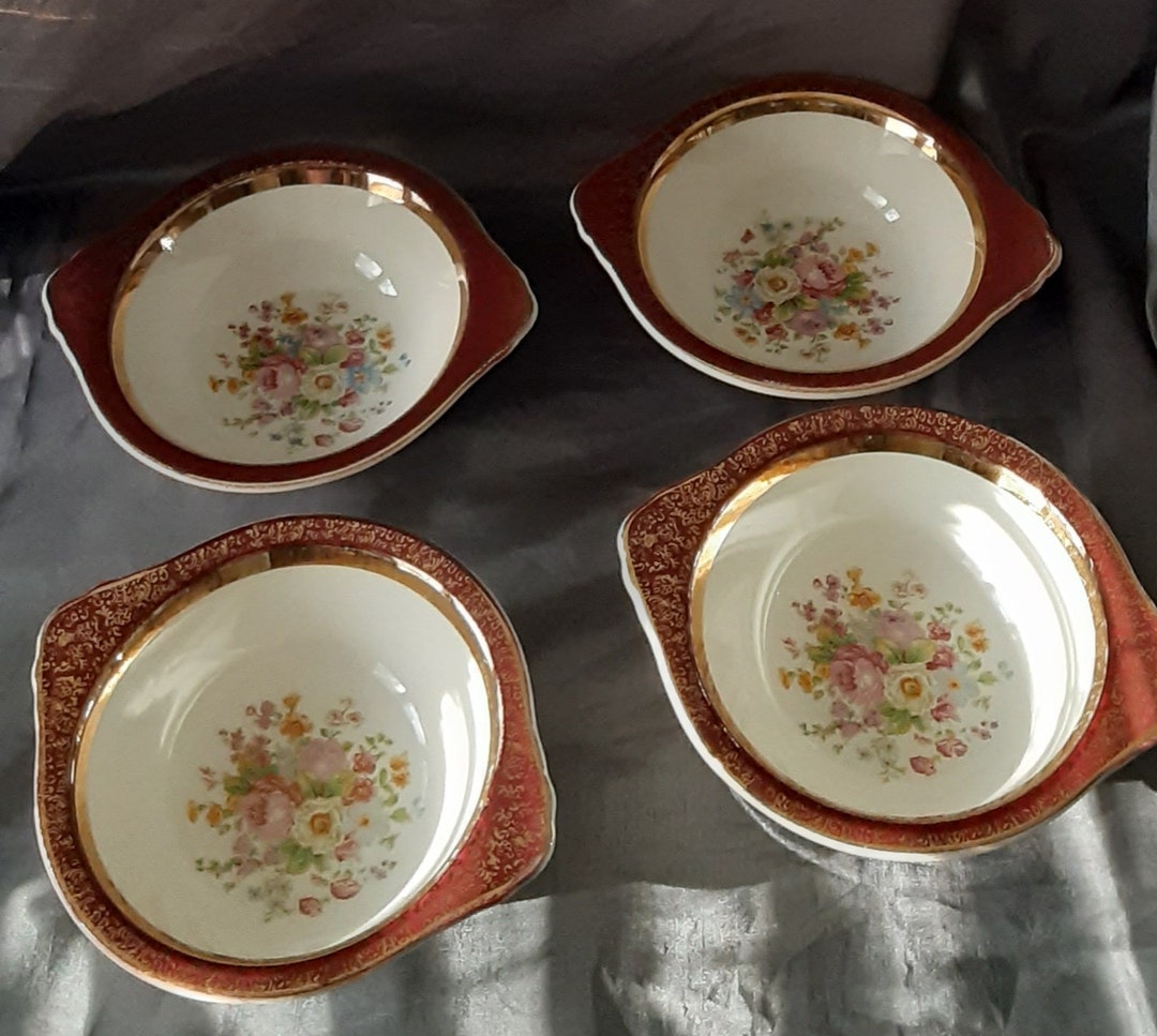 Aristocrat by Salem China, Set of 4 Lugged Cereal Bowls, Burgundy With