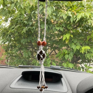 Macrame Crystal Car Charm Tigers Eye   Rearview mirror car charm Tigers Eye Tumble stone New Driver Gift Protection Car Charm Travel
