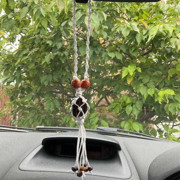 Macrame Crystal Car Charm Tigers Eye Espejo retrovisor car charm Tigers Eye Tumble stone Nuevo conductor Regalo Protección Car Charm Travel