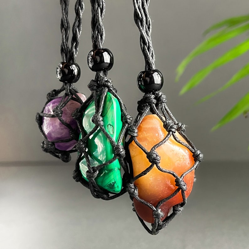 Black Macrame Crystal Necklace Interchangeable Macrame Net Etsy