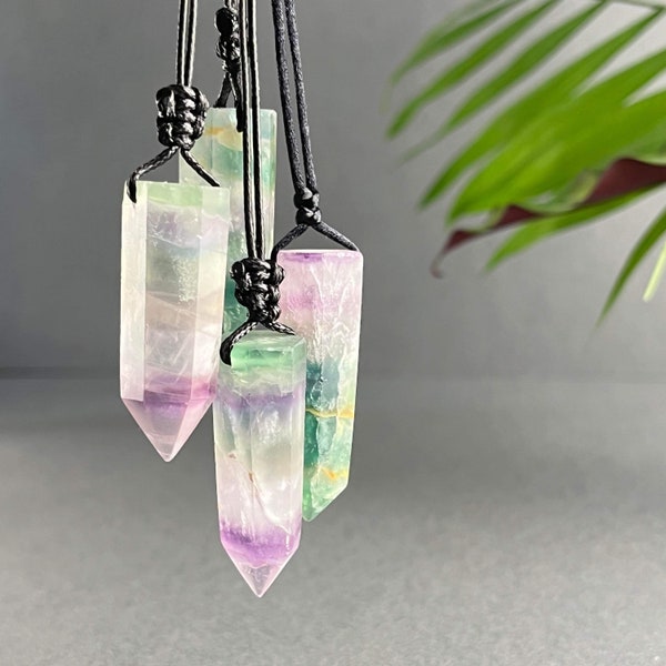 Rainbow Flourite Point Crystal Pendant Necklace. Macrame Crystal Necklace Healing Crystal Necklace