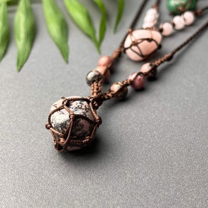 Handmade Macrame Crystal Necklace: Rhodonite, Rose Quartz, Aventurine