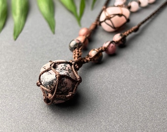 Handmade Macrame Crystal Necklace: Rhodonite, Rose Quartz, Aventurine