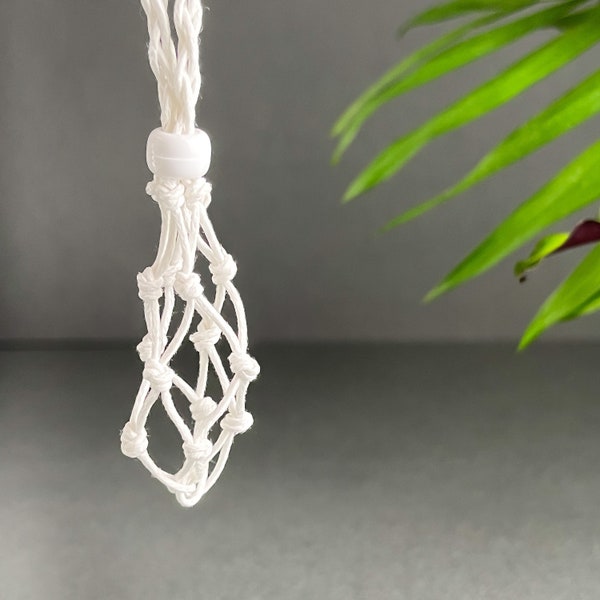 All White Macrame Crystal Holder Necklace.  gift stone holder necklace | interchangeable pouch