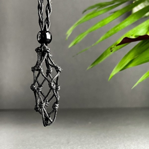 Black Macrame Crystal Necklace, Interchangeable Macrame Net Necklace, Empty Macrame Pouch,Macrame Crystal Holder, Crystal Pouch Necklace