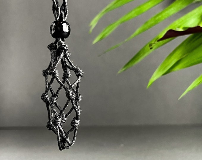 Black Macrame Crystal Holder Necklace – Adjustable Net Pouch for Crystals, Stones, interchangeable crystal holder Boho Handmade Jewelry,
