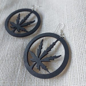 Wooden earrings, wooden earrings, black earrings, black earrings, drop earrings, wooden jewelry, stainless steel wooden earrings, hemp leaf earrings
