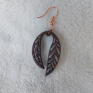 Wooden earrings, wooden earrings, boho earrings, vintage earrings, dangling earrings, wooden jewelry, stainless steel wooden earrings, natural earrings, feather 2