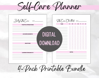 Pink Self-Care Planner Checklist Undated Printable, Weekly Self Care Trackers, Daily Mindfulness, Set Goals and Intentions