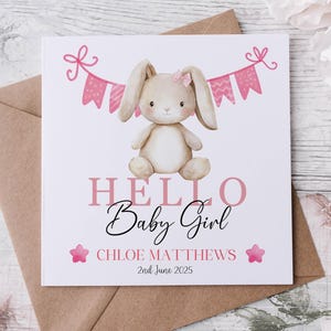 Tarjeta de felicitación para niña, hola bebé, bienvenida al mundo niña, felicitaciones por tu bebé, conejito bebé, jirafa bebé, elefante