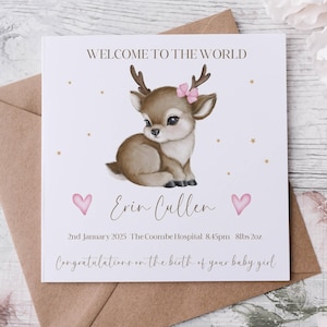 Baby Girl Grußkarte, Hallo Baby, Willkommen auf der Welt Baby Girl, Glückwunsch zur Babykarte, Baby Reh Karte, süße Baby Karte