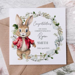 Tarjeta de bautizo, tarjeta de felicitación personalizada de bautismo, tarjeta de ahijado, tarjeta de ceremonia de nombramiento, madrina, padrino, conejito Flopsy, conejito de chaqueta
