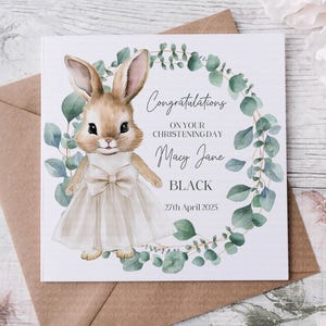 Tarjeta de bautizo, tarjeta de felicitación personalizada de bautismo, tarjeta de ahijado, tarjeta de ceremonia de nombramiento, madrina, padrino, conejito Flopsy, conejito de chaqueta