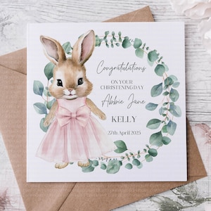 Tarjeta de bautizo, tarjeta de felicitación personalizada de bautismo, tarjeta de ahijado, tarjeta de ceremonia de nombramiento, madrina, padrino, conejito Flopsy, conejito de chaqueta