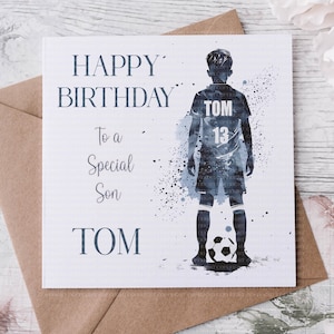 Tarjeta de cumpleaños de fútbol para niño o niña adolescente, tarjeta de cumpleaños de fútbol personalizada con cualquier nombre para hijo, nieto, sobrino, hermano, amigo