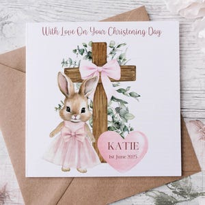 Tarjeta de bautizo, tarjeta de felicitación personalizada de bautismo, tarjeta de ahijado, tarjeta de ceremonia de nombramiento, madrina, padrino, conejito Flopsy, conejito de chaqueta