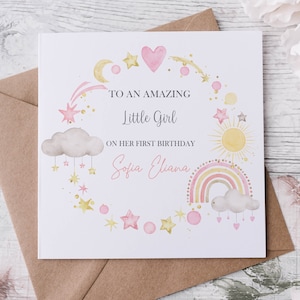 Tarjeta de felicitación para niña, primer cumpleaños de niña, primer cumpleaños, cumpleaños de niña pequeña, regalo para bebé recién nacido, nieta, sobrina, baby shower