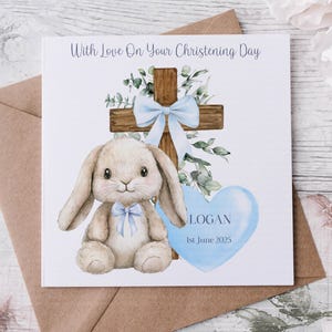Tarjeta de bautizo, tarjeta de felicitación personalizada de bautismo, tarjeta de ahijado, tarjeta de ceremonia de nombramiento, madrina, padrino, conejito Flopsy, conejito de chaqueta