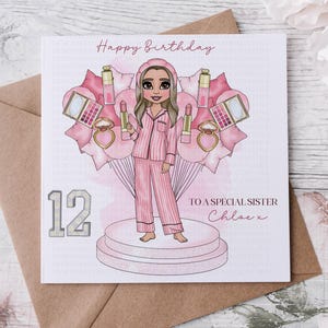 Tarjeta de cumpleaños personalizada Cuidado de la piel Maquillaje Cosméticos Adolescente Preadolescente Cambio de imagen Hija Nieta Ahijada Sobrina Niña Tarjeta de niña bonita