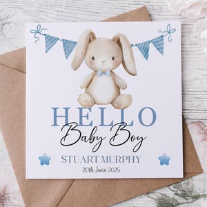 Baby Glückwunschkarte Junge, Hallo Baby, Willkommen auf der Welt Baby Junge, Glückwunsch zur Babykarte, Babyhase, Baby Giraffe, Elefant