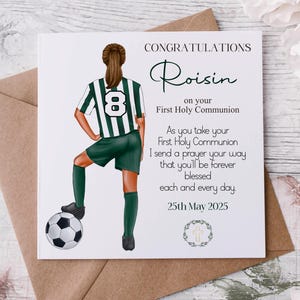 Tarjeta de comunión personalizada para hija, sobrina, niña futbolista, ahijada, regalo de comunión único, recuerdo de comunión deportiva, niña futbolista