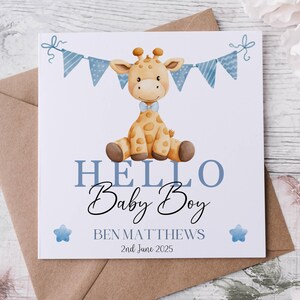 Baby Glückwunschkarte Junge, Hallo Baby, Willkommen auf der Welt Baby Junge, Glückwunsch zur Babykarte, Babyhase, Baby Giraffe, Elefant