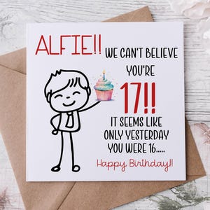Tarjeta de cumpleaños número 17 para niño, tarjeta de cumpleaños número 17 para hijo, regalos de cumpleaños número 17, para nieto, 16, 17, 18, 19, tarjeta divertida para adolescente, tarjeta de cómic