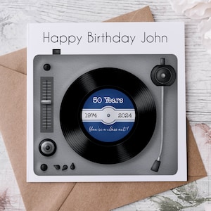 Tarjeta de cumpleaños para amantes de la música, cumpleaños significativo, tarjeta retro 21, 30, 40, 50, 70, 80, tocadiscos, tarjeta retro, cumpleaños único