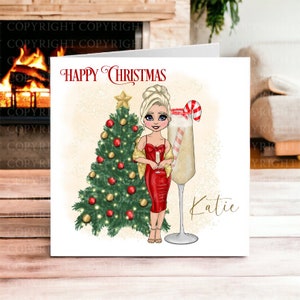 Hija, nieta, mamá, hermana, abuela, niñera, sobrina, ahijada, tarjeta de Navidad amiga, tarjeta de Navidad personalizada para ella, tarjeta de champán