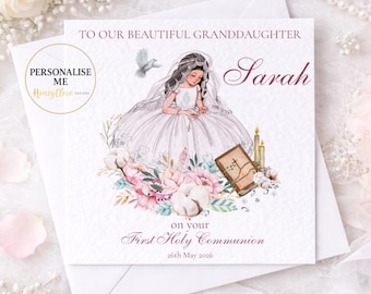 Tarjeta personalizada de Primera Comunión para nieta, hija o ahijada.
