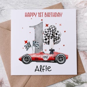 Tarjeta de cumpleaños con coche de carreras para niños, primer cumpleaños, segundo cumpleaños de un niño, tercer cumpleaños de un niño, coche de carreras para el cuarto cumpleaños, tarjeta de cumpleaños única para niños, coche rojo