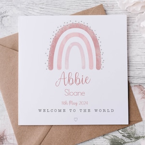 Nueva tarjeta de felicitación de bebé, tarjeta de bienvenida al mundo, tarjeta de bebé, tarjeta de niño, tarjeta de niña, felicitaciones por su bebé, bebé arco iris