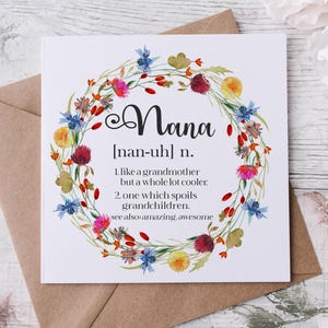 Tarjeta de felicitación de cumpleaños, tarjeta de definición de Nana, tarjeta para mamá, corona floral, tarjeta de flores, tarjeta de esposa, tarjeta de hermana, Nana, tarjeta del día de la madre