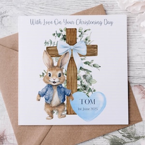 Tarjeta de bautizo, tarjeta de felicitación personalizada de bautismo, tarjeta de ahijado, tarjeta de ceremonia de nombramiento, madrina, padrino, conejito Flopsy, conejito de chaqueta