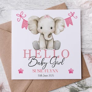 Tarjeta de felicitación para niña, hola bebé, bienvenida al mundo niña, felicitaciones por tu bebé, conejito bebé, jirafa bebé, elefante